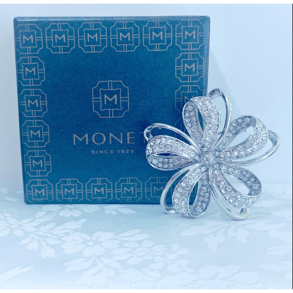 Brooch Vtg Monet Bow Rhinestone Ribbon Flower Pin Lapel Scarf Silver Tone